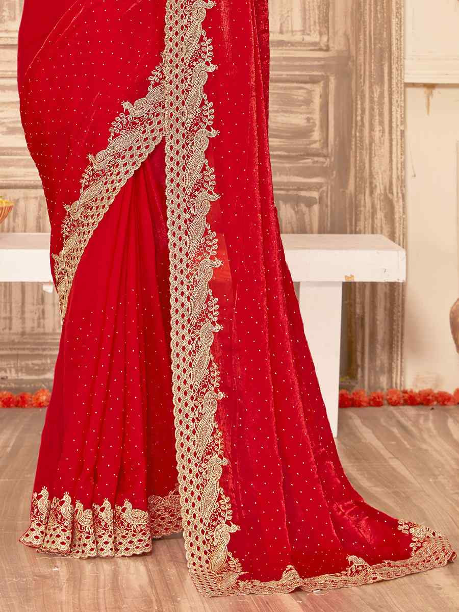 Red Silk Embroidery Traditional Bridal Reception Festival Wedding Fancy Heavy Border Saree
