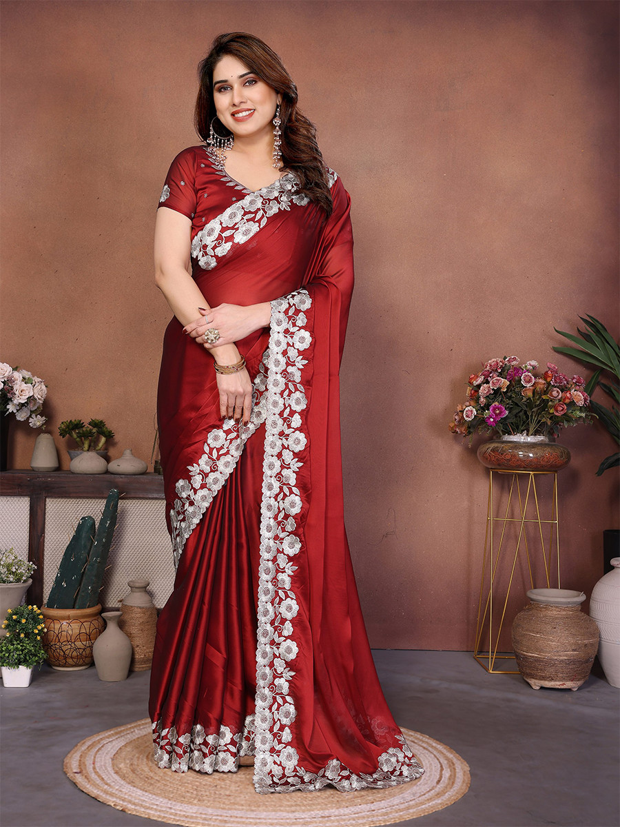 Red Silk Embroidery Wedding Festival Reception Party Wear Heavy Border Saree