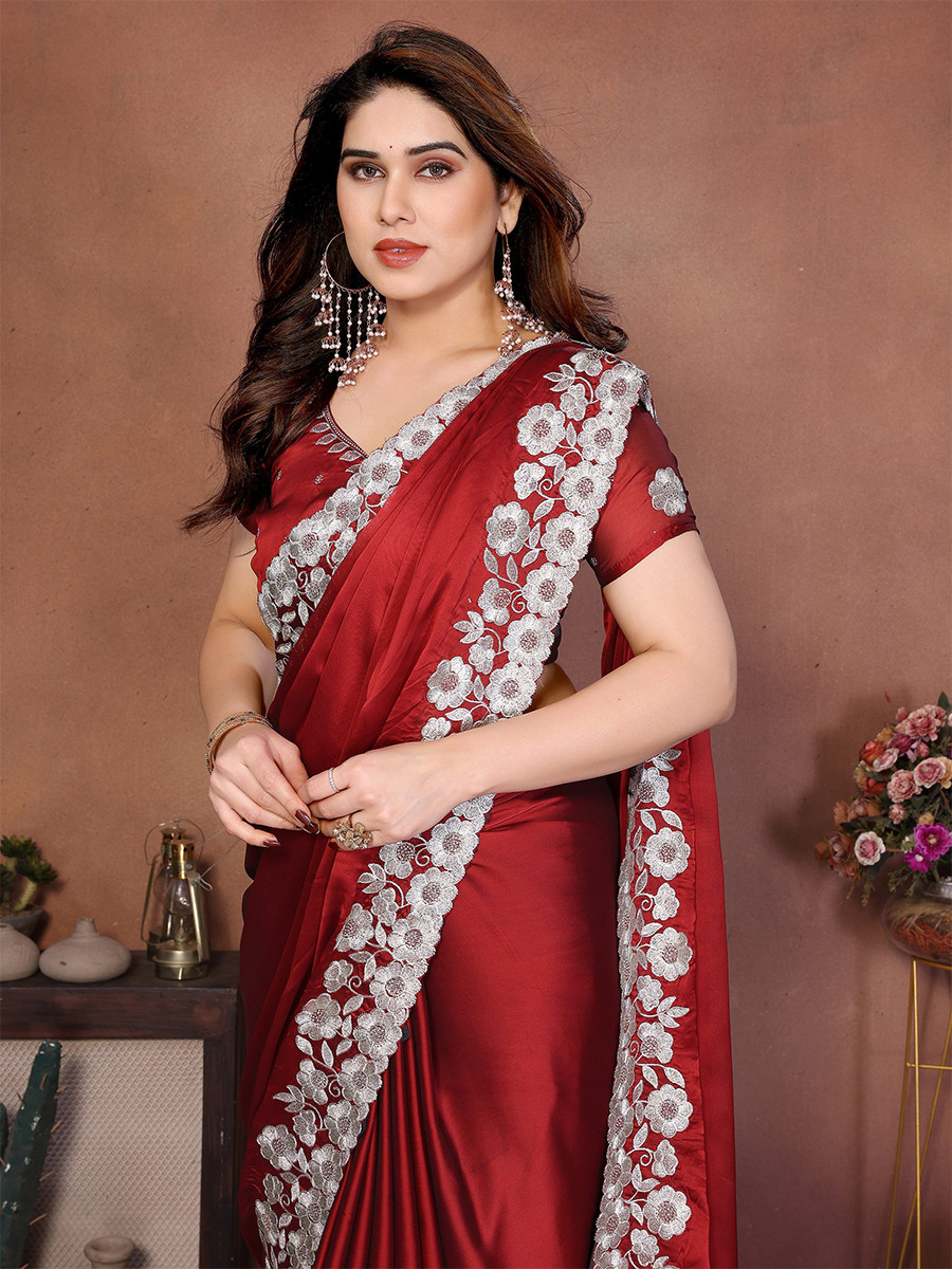 Red Silk Embroidery Wedding Festival Reception Party Wear Heavy Border Saree