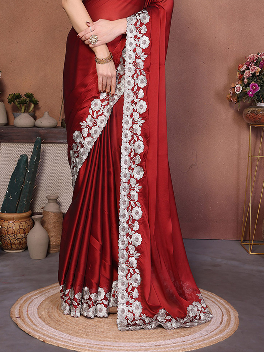 Red Silk Embroidery Wedding Festival Reception Party Wear Heavy Border Saree