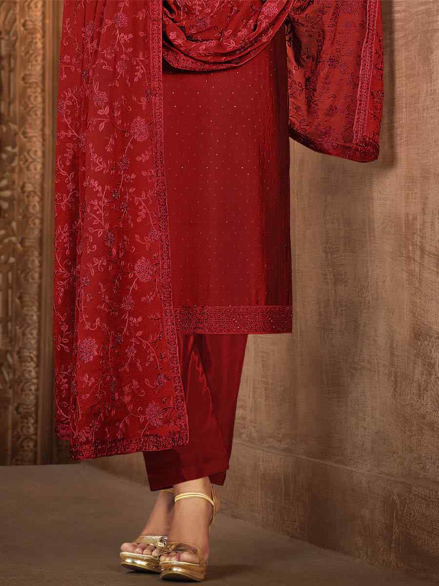 Red Silk Georgette Embroidered Festival Wedding Pant Salwar Kameez