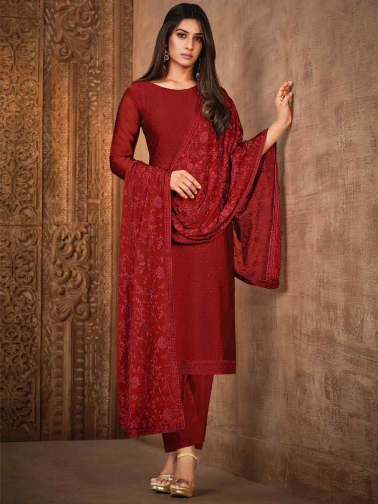 Red Silk Georgette Embroidered Festival Wedding Pant Salwar Kameez