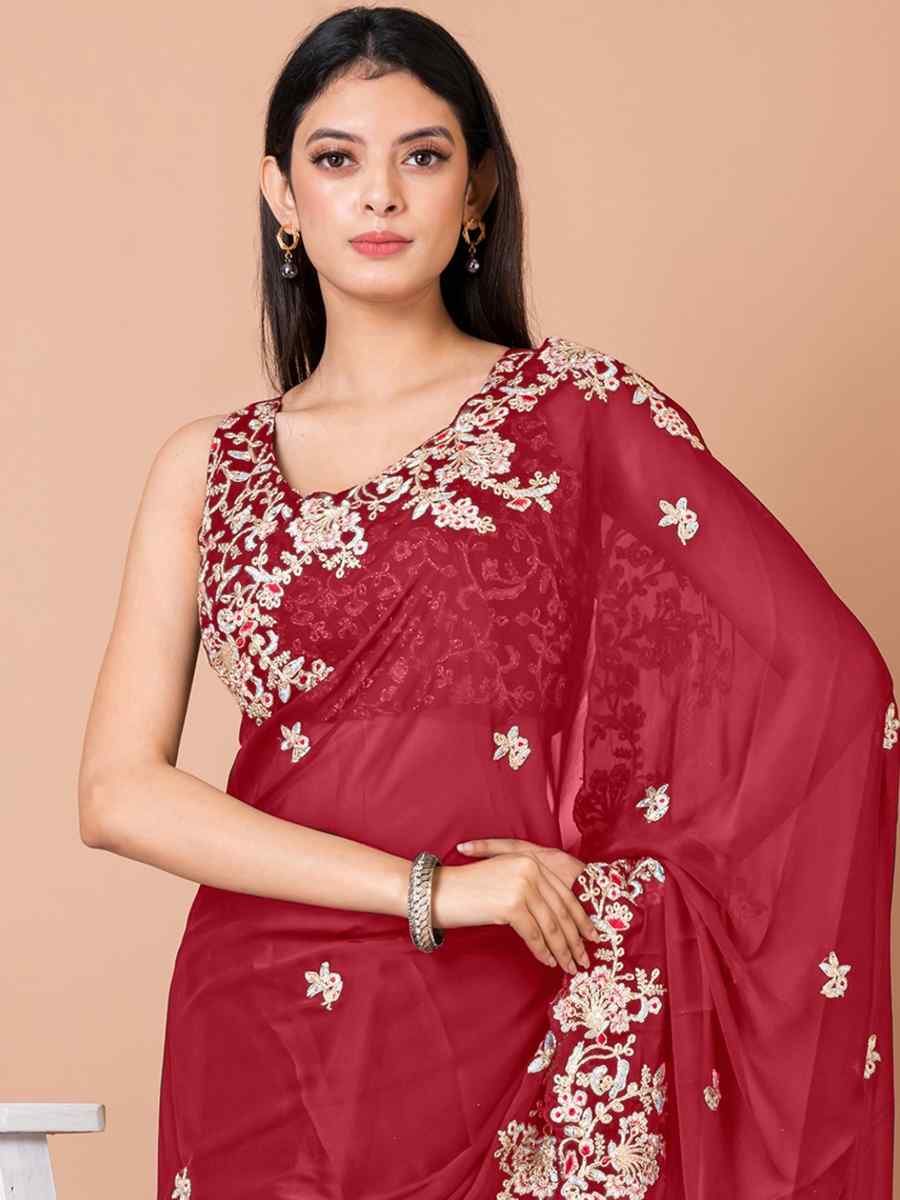 Red Silk Georgette Embroidered Party Festival Heavy Border Saree