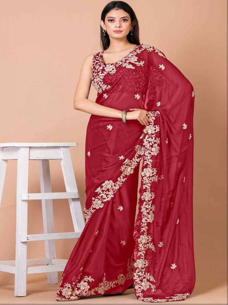 Red Silk Georgette Embroidered Party Festival Heavy Border Saree