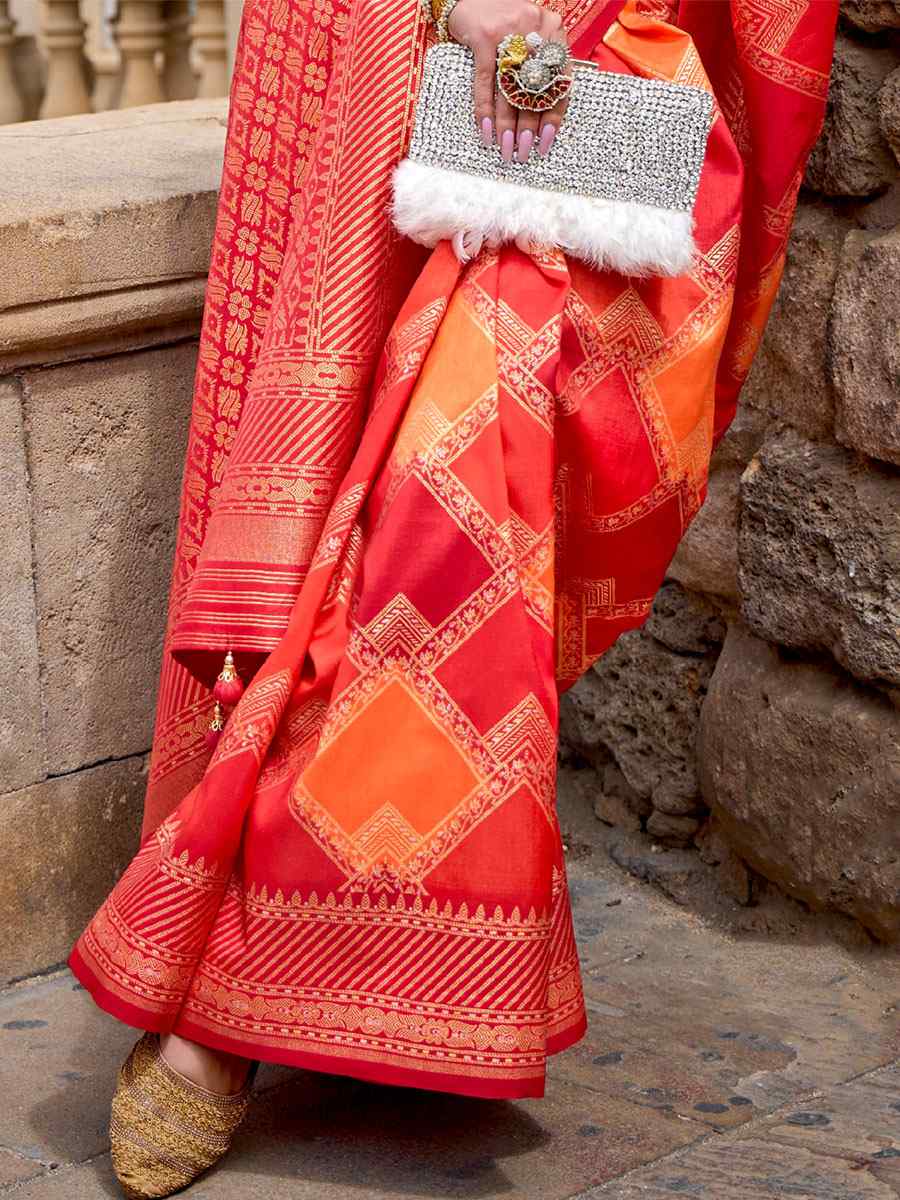 Red Silk Handwoven Casual Festival Heavy Border Saree