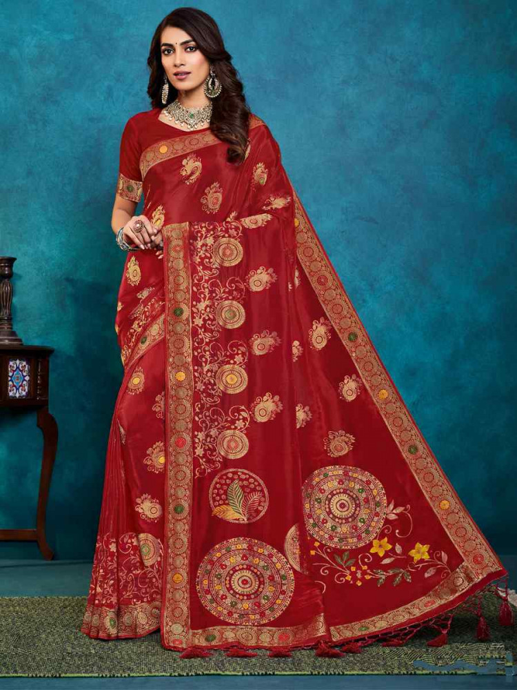 Red Silk Handwoven Festival Casual Classic Style Saree