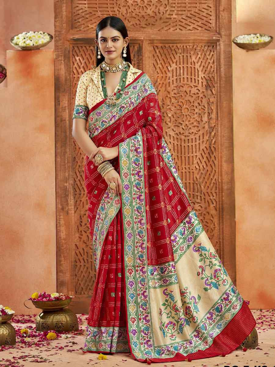 Red Silk Handwoven Festival Wedding Fancy Heavy Border Saree