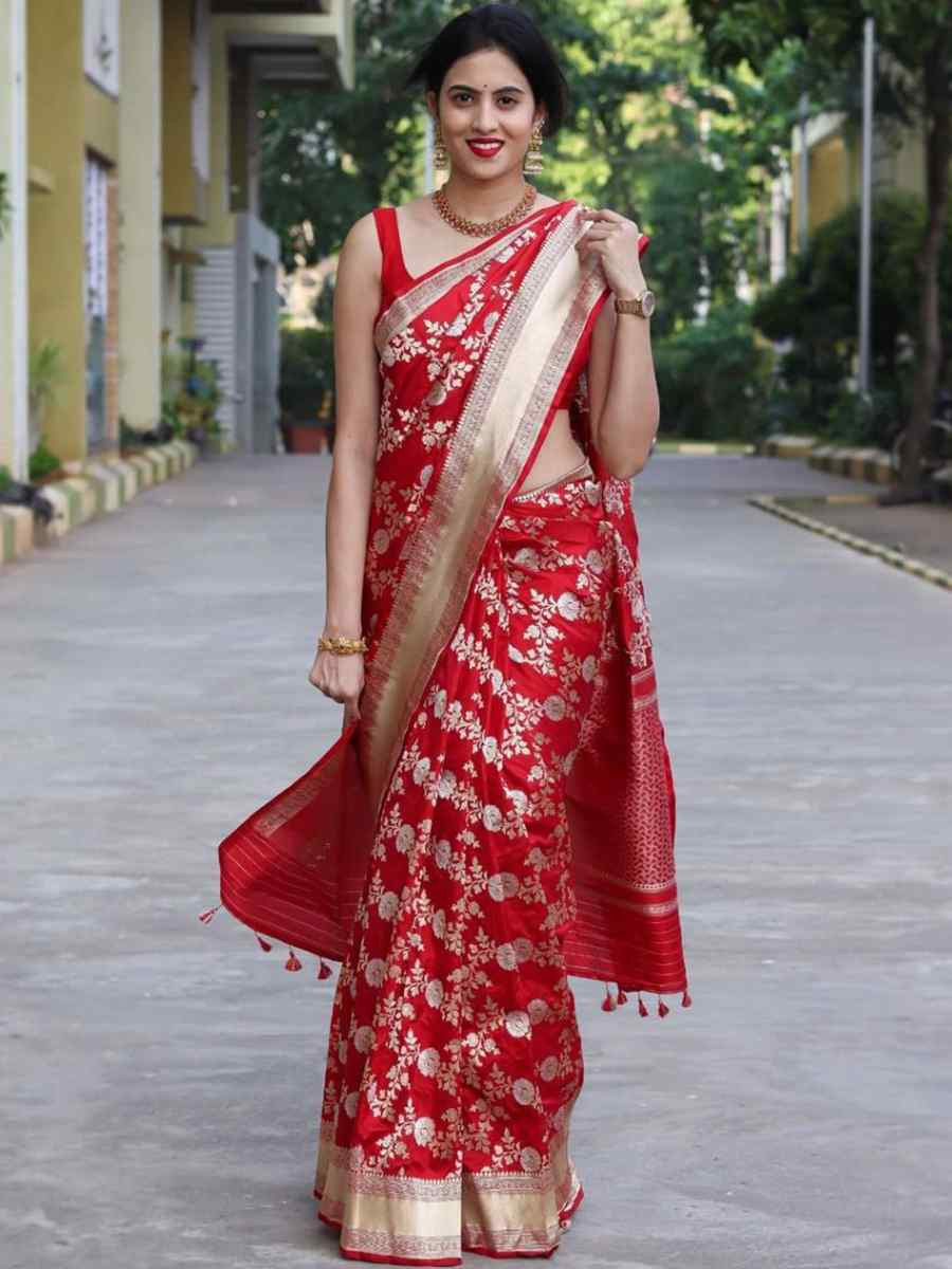 Red Silk Handwoven Festival Wedding Fancy Heavy Border Saree