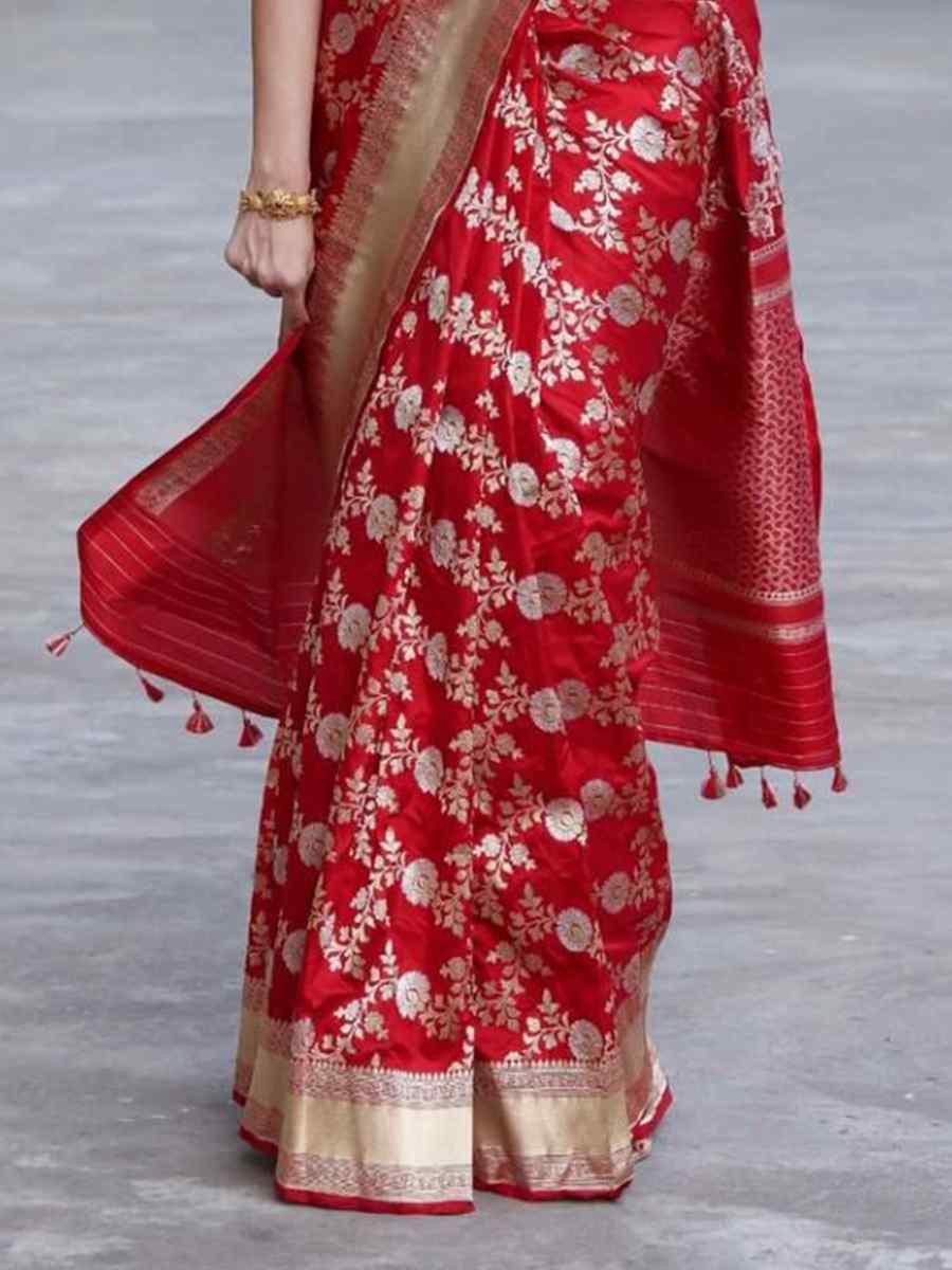 Red Silk Handwoven Festival Wedding Fancy Heavy Border Saree