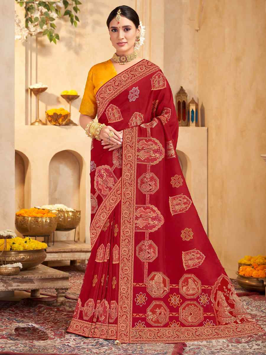 Red Silk Handwoven Festival Wedding Fancy Heavy Border Saree