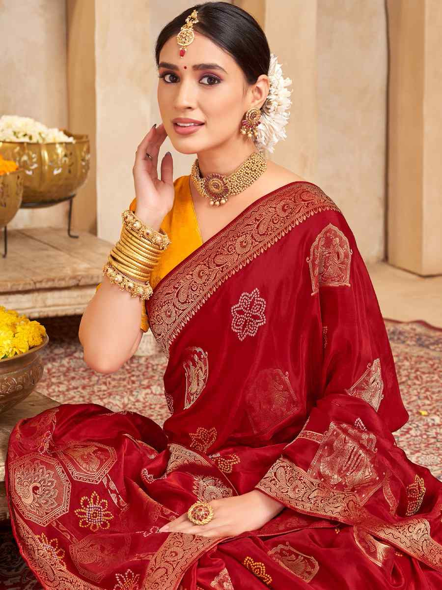 Red Silk Handwoven Festival Wedding Fancy Heavy Border Saree
