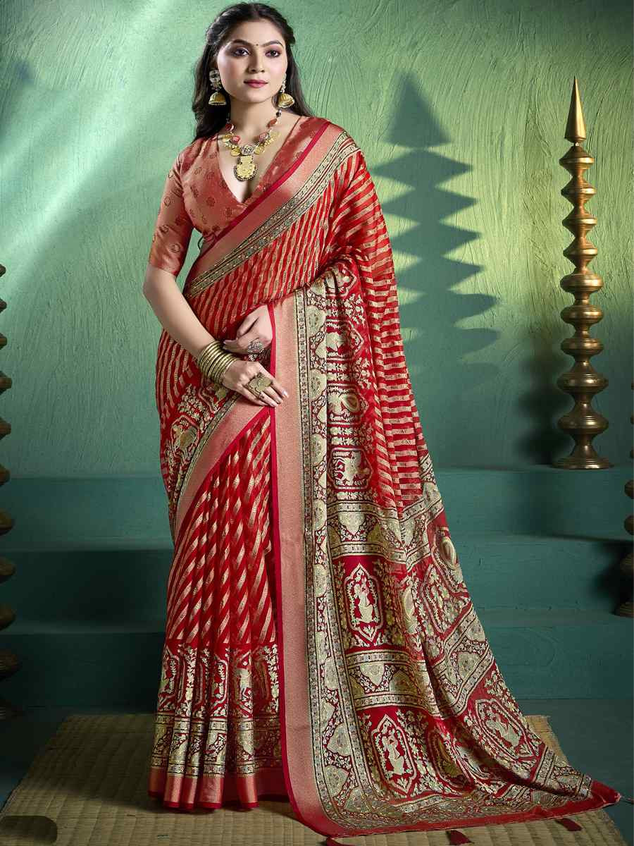 Red Silk Handwoven Festival Wedding Fancy Heavy Border Saree
