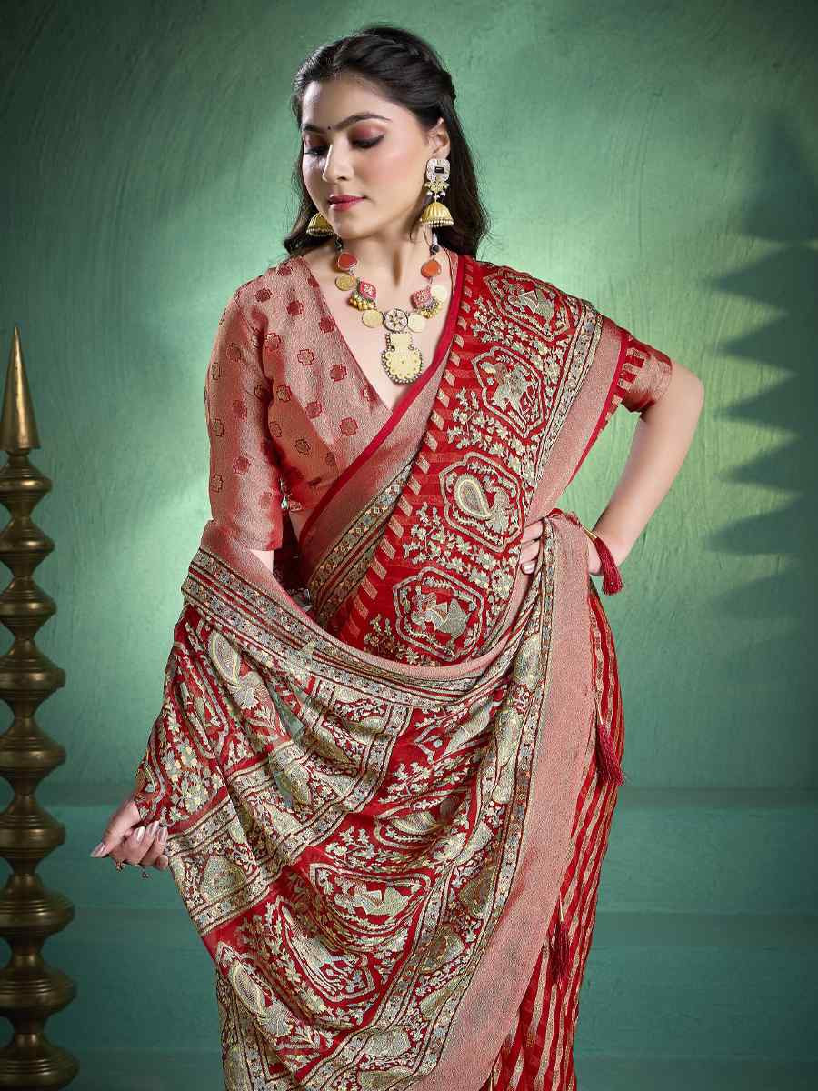 Red Silk Handwoven Festival Wedding Fancy Heavy Border Saree