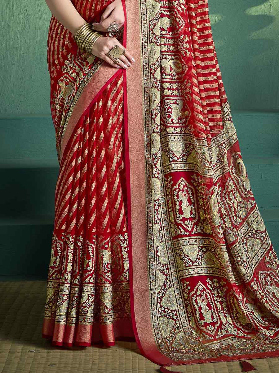 Red Silk Handwoven Festival Wedding Fancy Heavy Border Saree