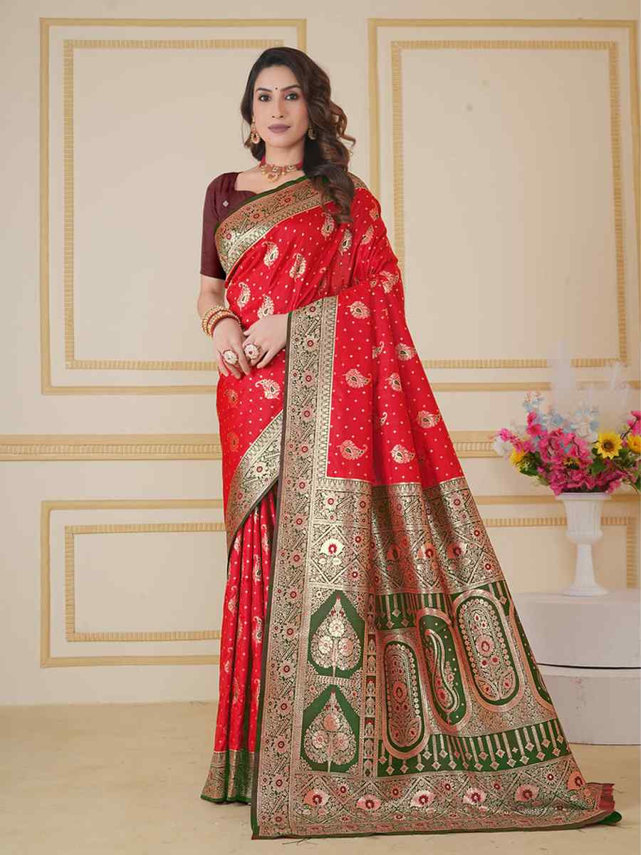 Red Silk Handwoven Festival Wedding Fancy Heavy Border Saree