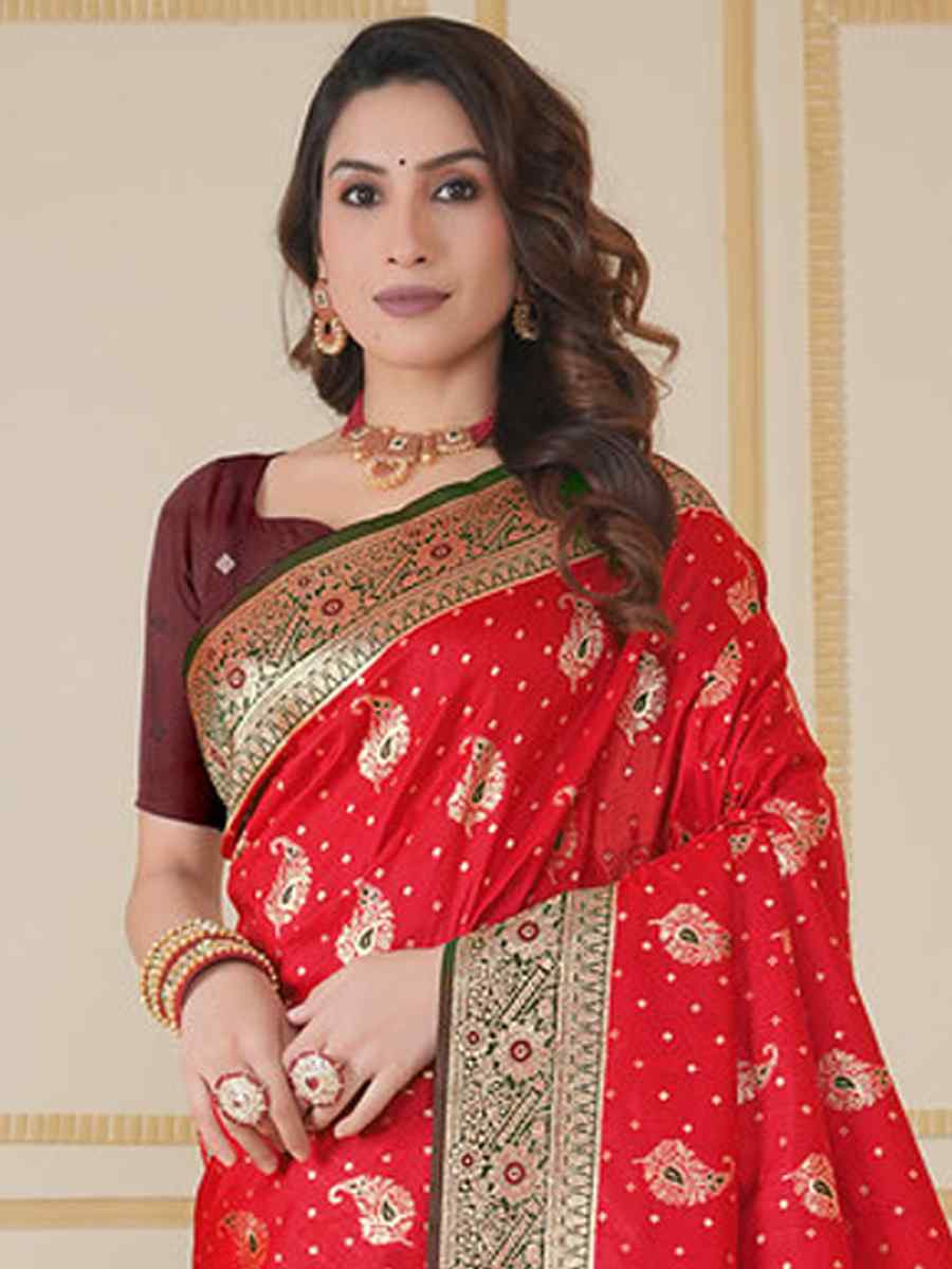 Red Silk Handwoven Festival Wedding Fancy Heavy Border Saree