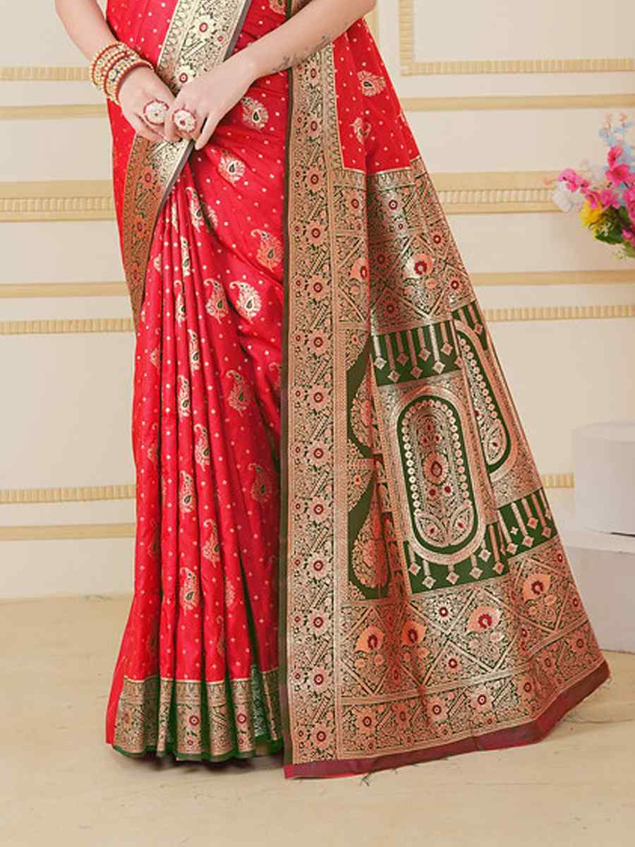 Red Silk Handwoven Festival Wedding Fancy Heavy Border Saree