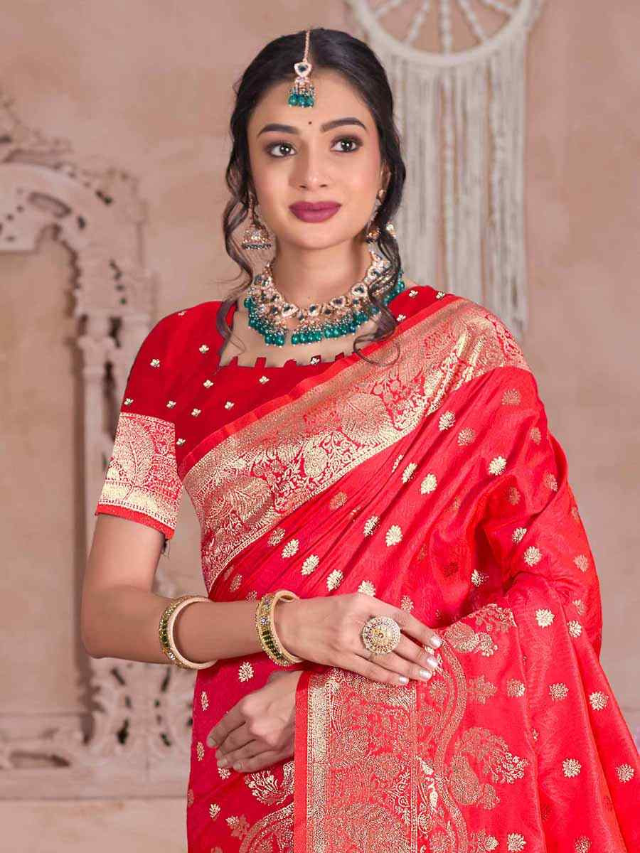Red Silk Handwoven Festival Wedding Fancy Heavy Border Saree