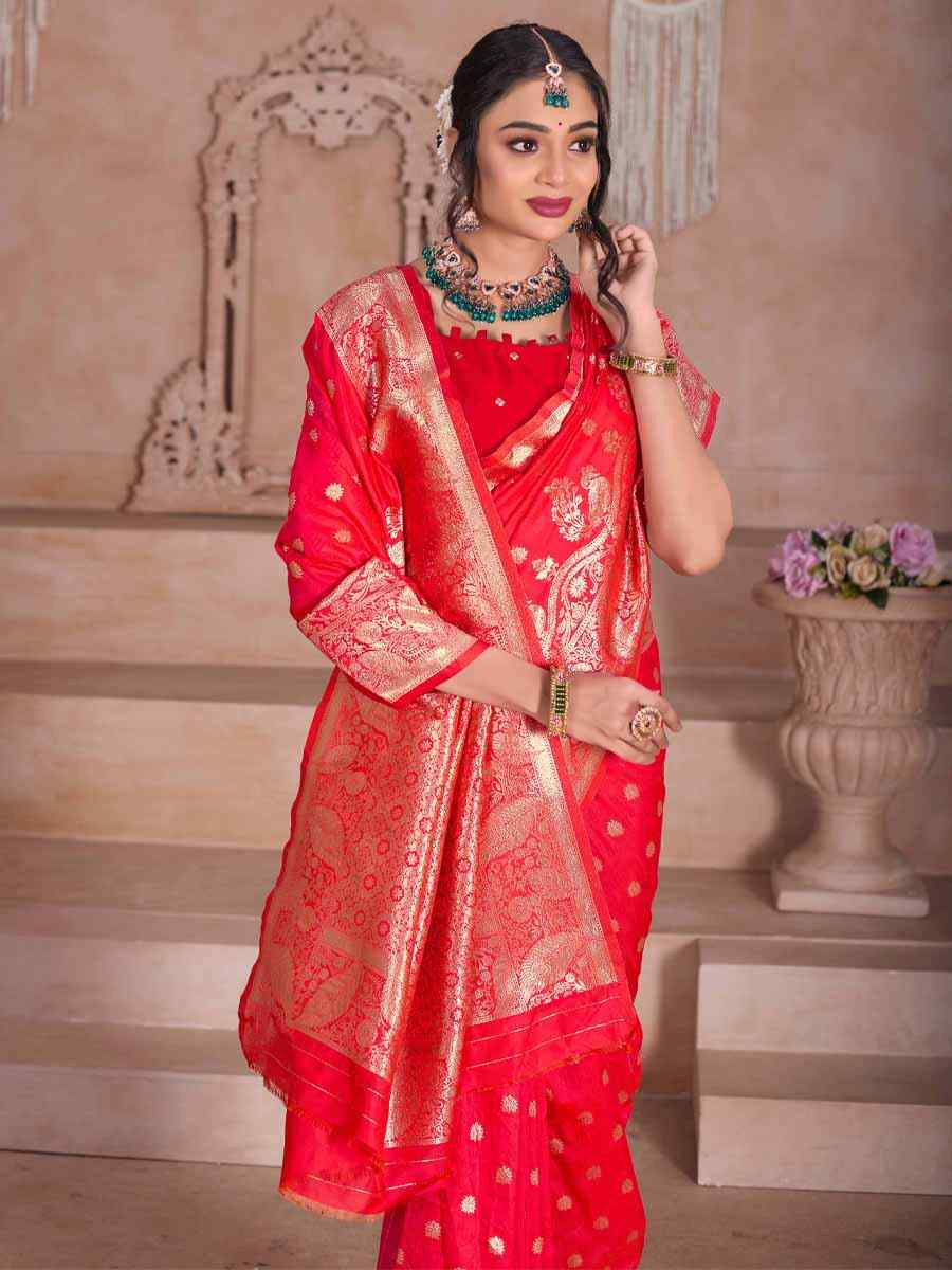 Red Silk Handwoven Festival Wedding Fancy Heavy Border Saree