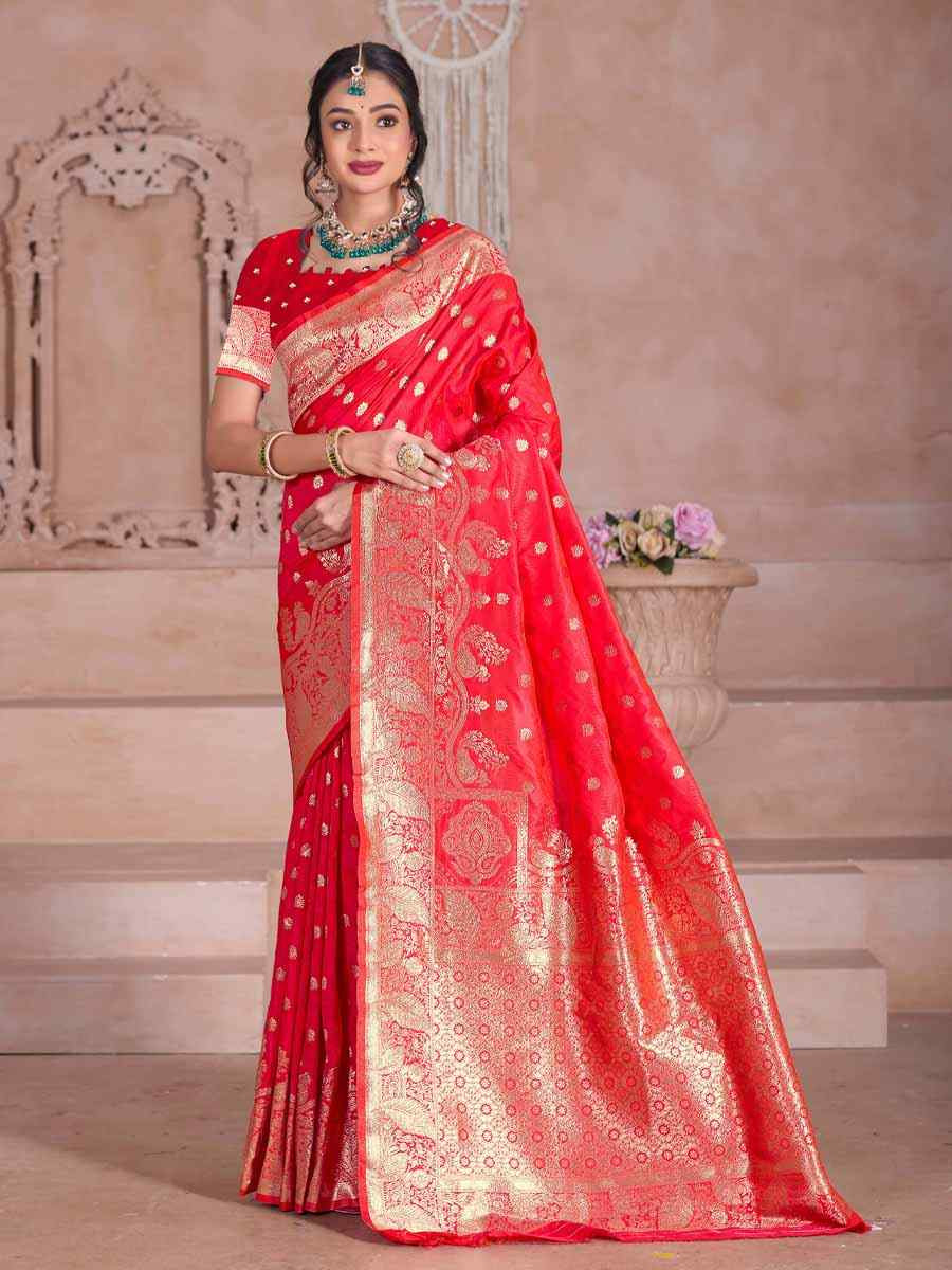 Red Silk Handwoven Festival Wedding Fancy Heavy Border Saree
