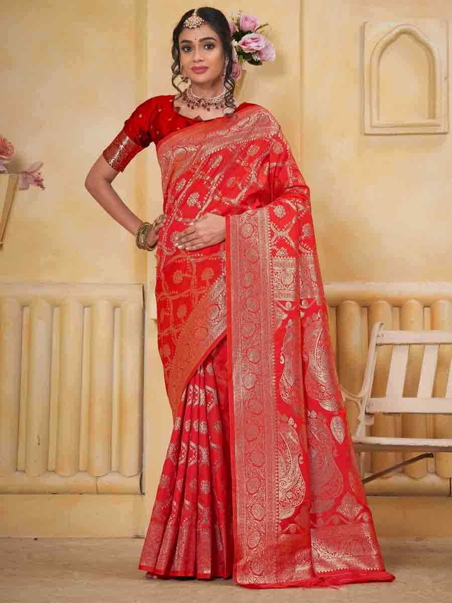 Red Silk Handwoven Festival Wedding Fancy Heavy Border Saree