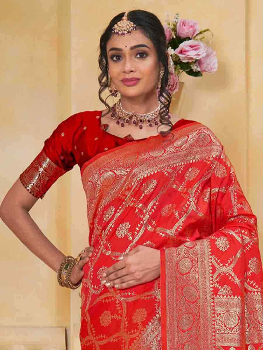 Red Silk Handwoven Festival Wedding Fancy Heavy Border Saree