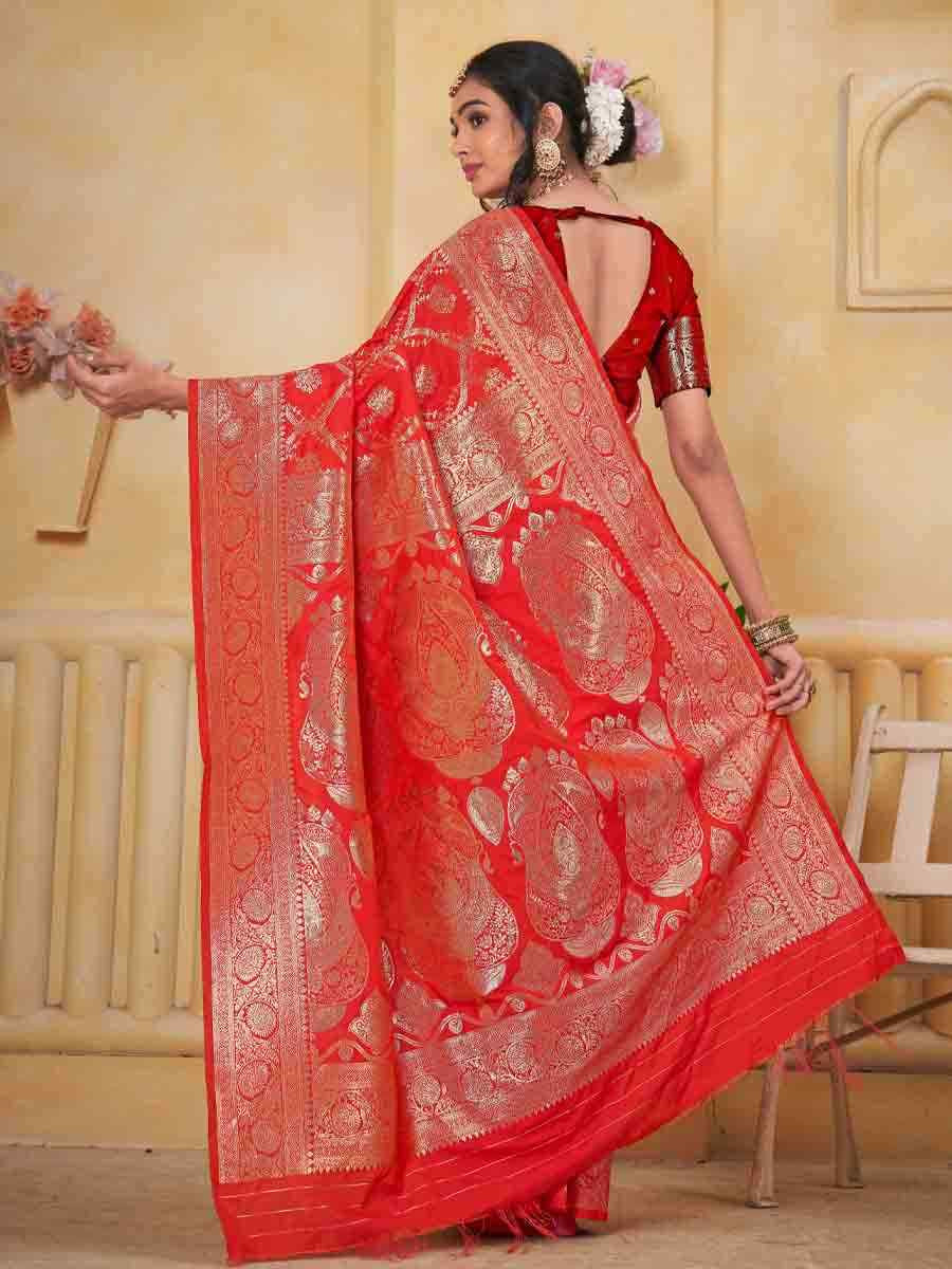 Red Silk Handwoven Festival Wedding Fancy Heavy Border Saree