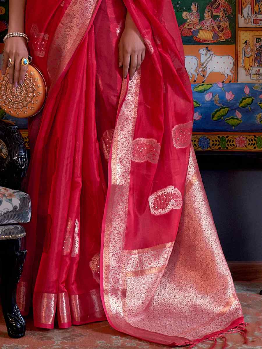 Red Silk Handwoven Party Festival Heavy Border Saree
