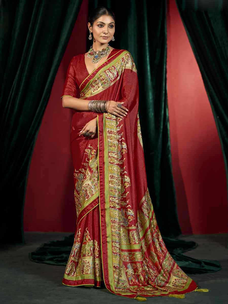 Red Silk Handwoven Traditional Bridal Reception Festival Wedding Fancy Heavy Border Saree
