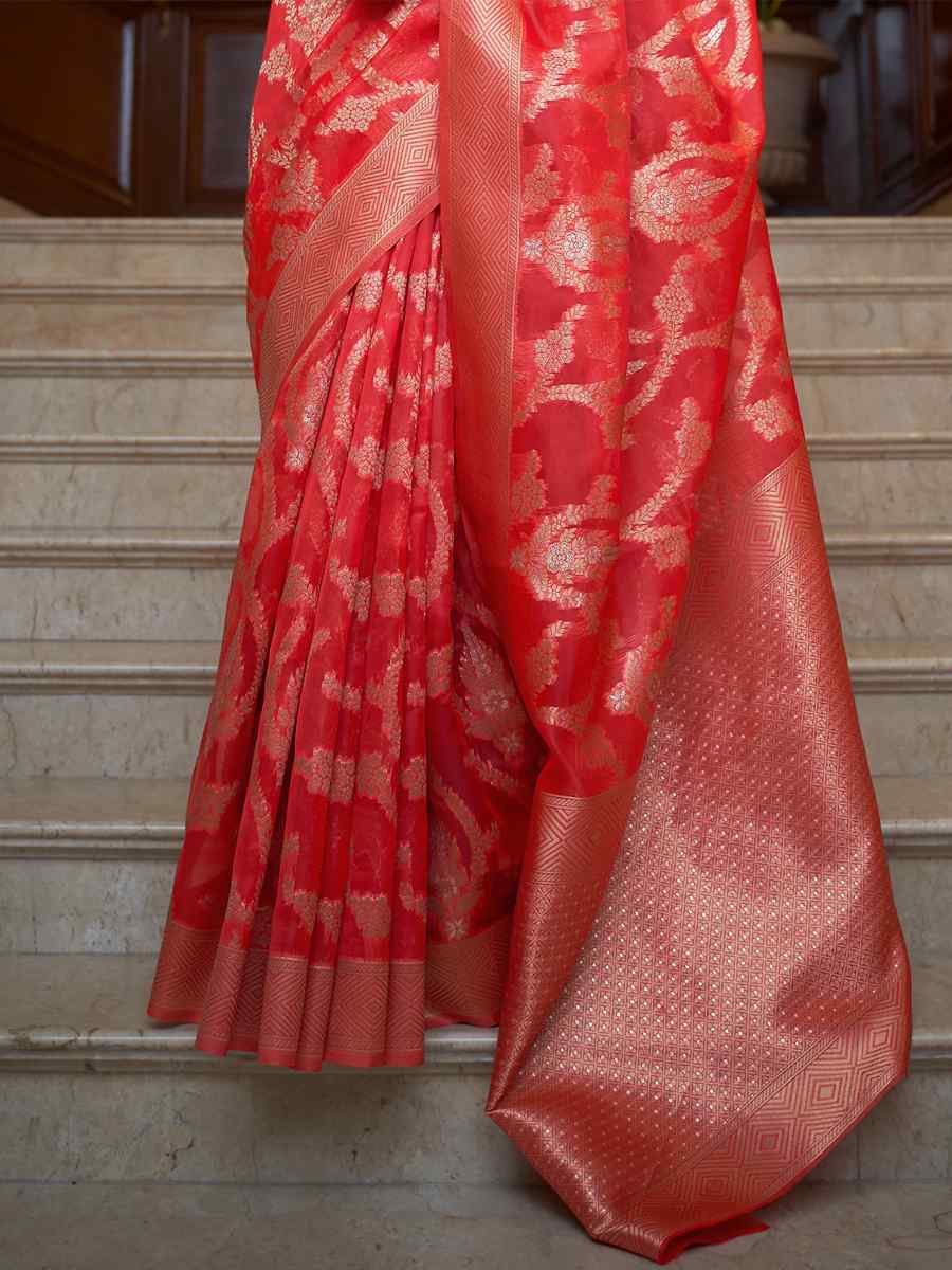 Red Silk Handwoven Wedding Festival Heavy Border Saree