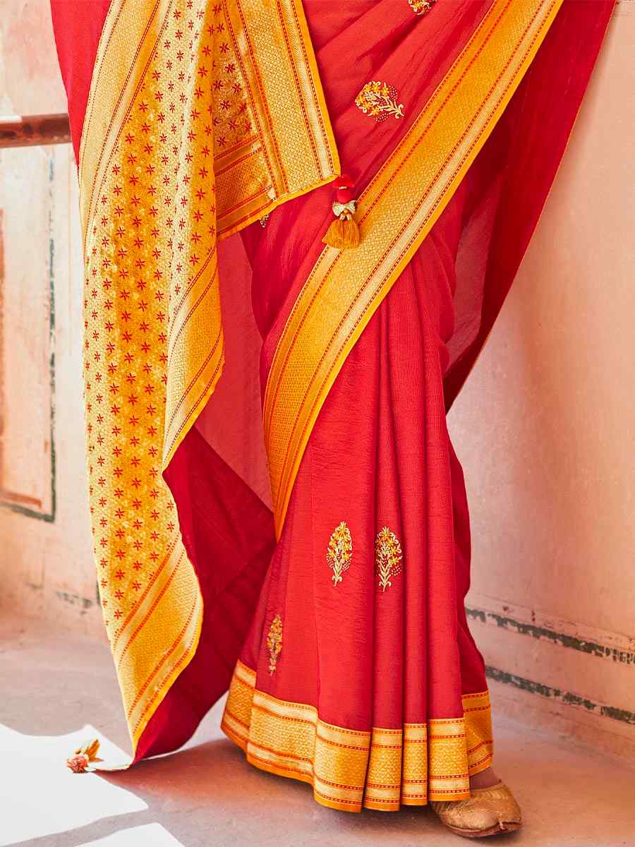 Red Silk Handwoven Wedding Festival Heavy Border Saree