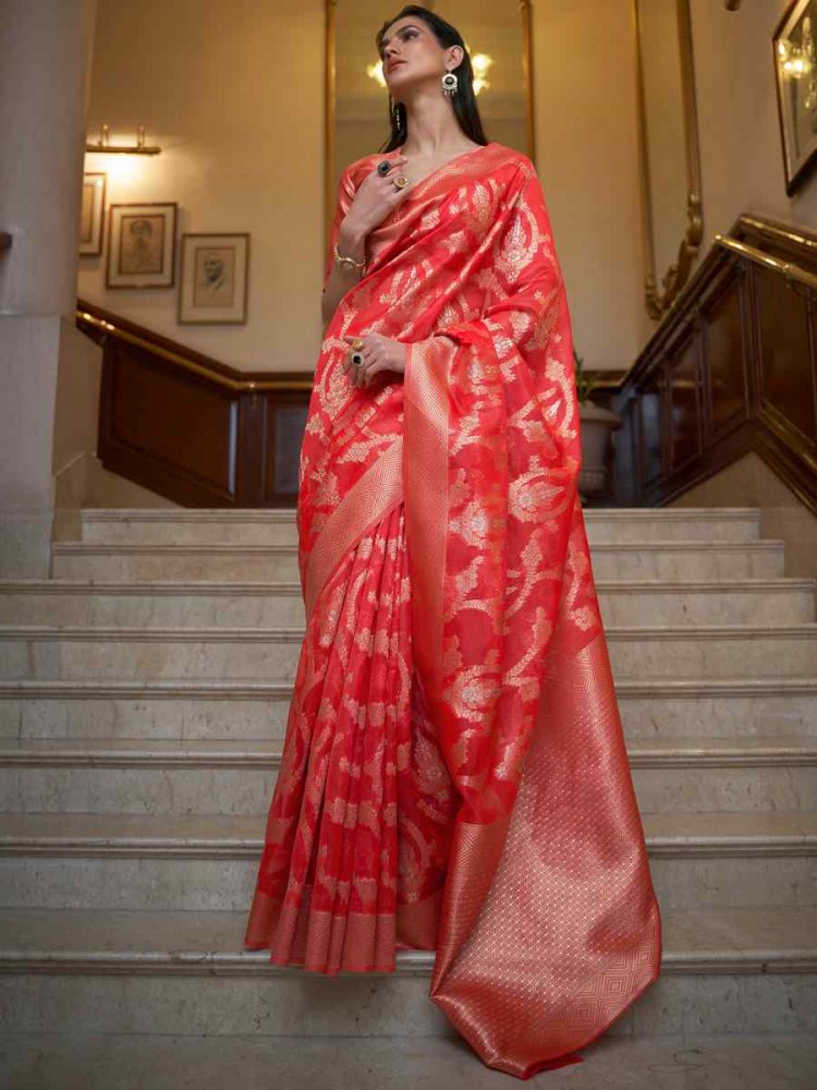 Red Silk Handwoven Wedding Festival Heavy Border Saree