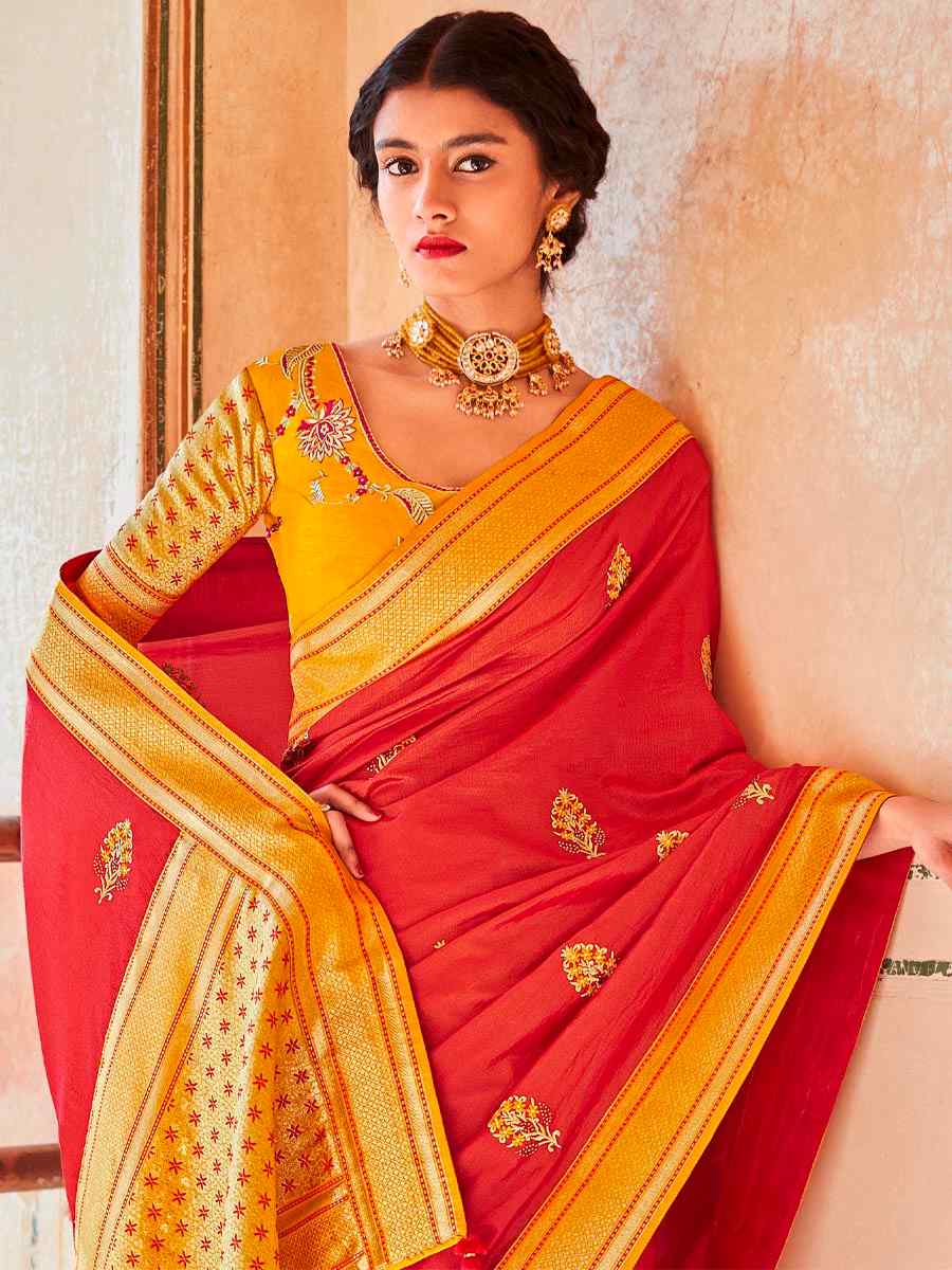 Red Silk Handwoven Wedding Festival Heavy Border Saree