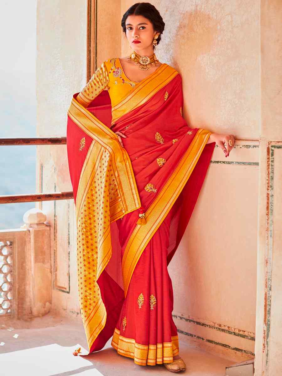 Red Silk Handwoven Wedding Festival Heavy Border Saree