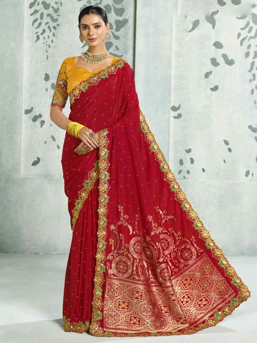 Red Silk Handwoven with Embroidery Bridal Reception Festival Wedding Fancy Heavy Border Saree