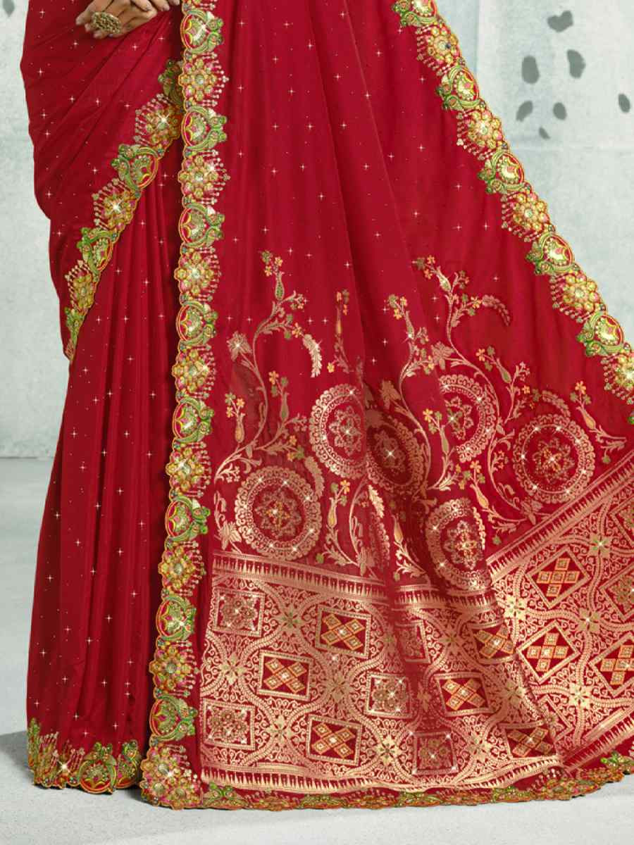 Red Silk Handwoven with Embroidery Bridal Reception Festival Wedding Fancy Heavy Border Saree