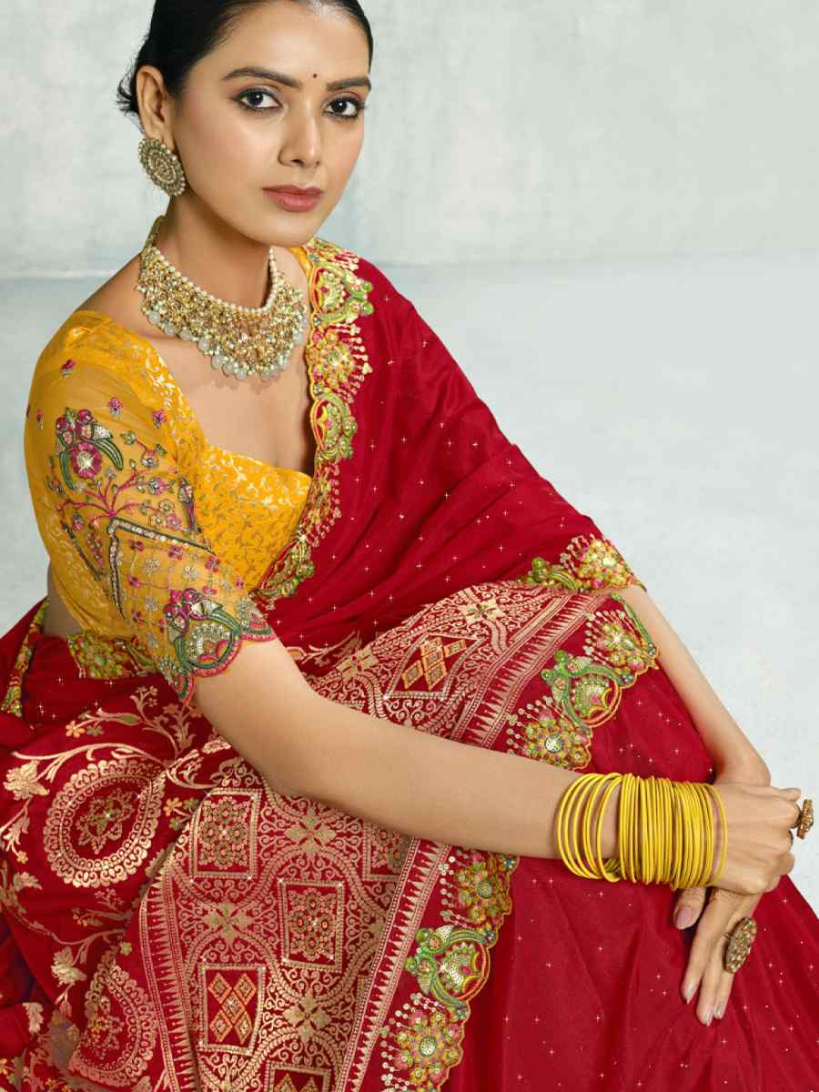 Red Silk Handwoven with Embroidery Bridal Reception Festival Wedding Fancy Heavy Border Saree