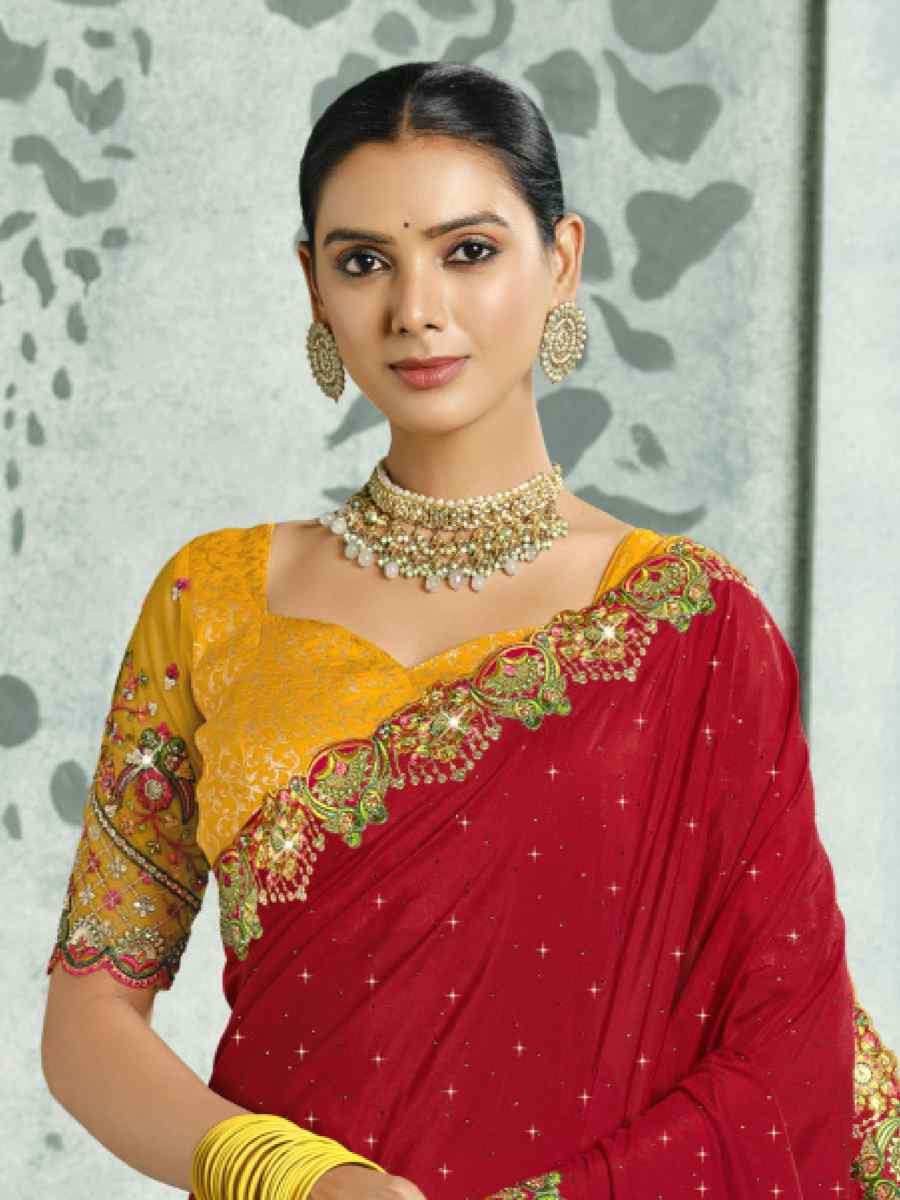 Red Silk Handwoven with Embroidery Bridal Reception Festival Wedding Fancy Heavy Border Saree