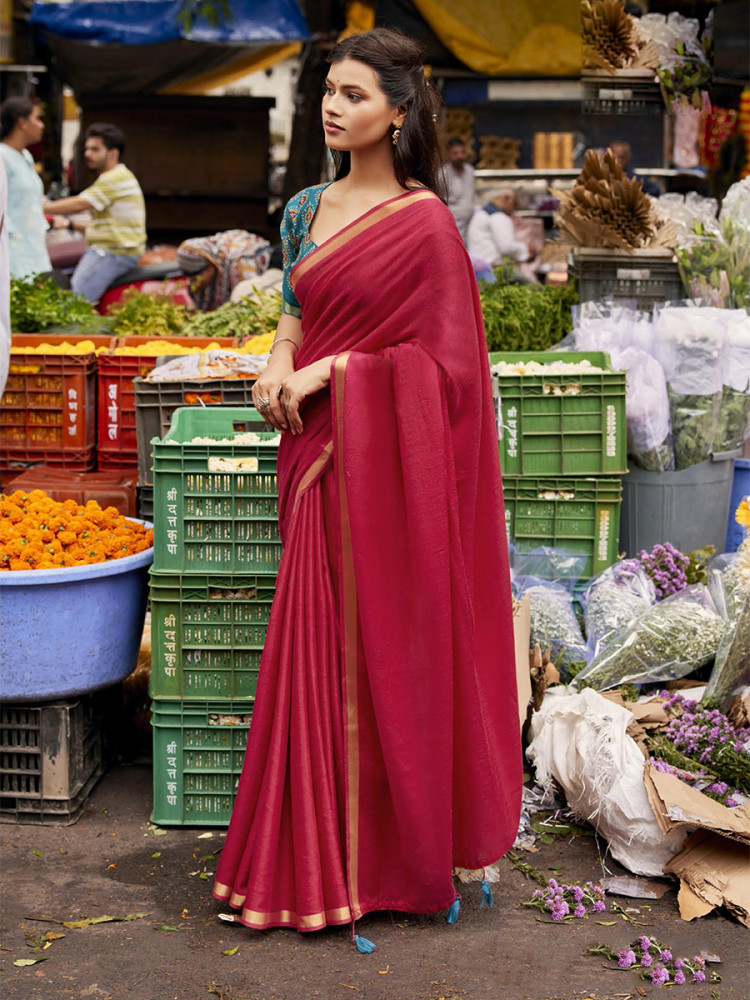 Image of Red Silk Plain Casual Party Festival Wedding Fancy Classic Style Sarees