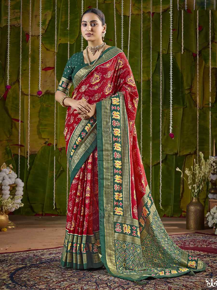 Red Silk Printed Bridal Reception Festival Wedding Fancy Heavy Border Saree