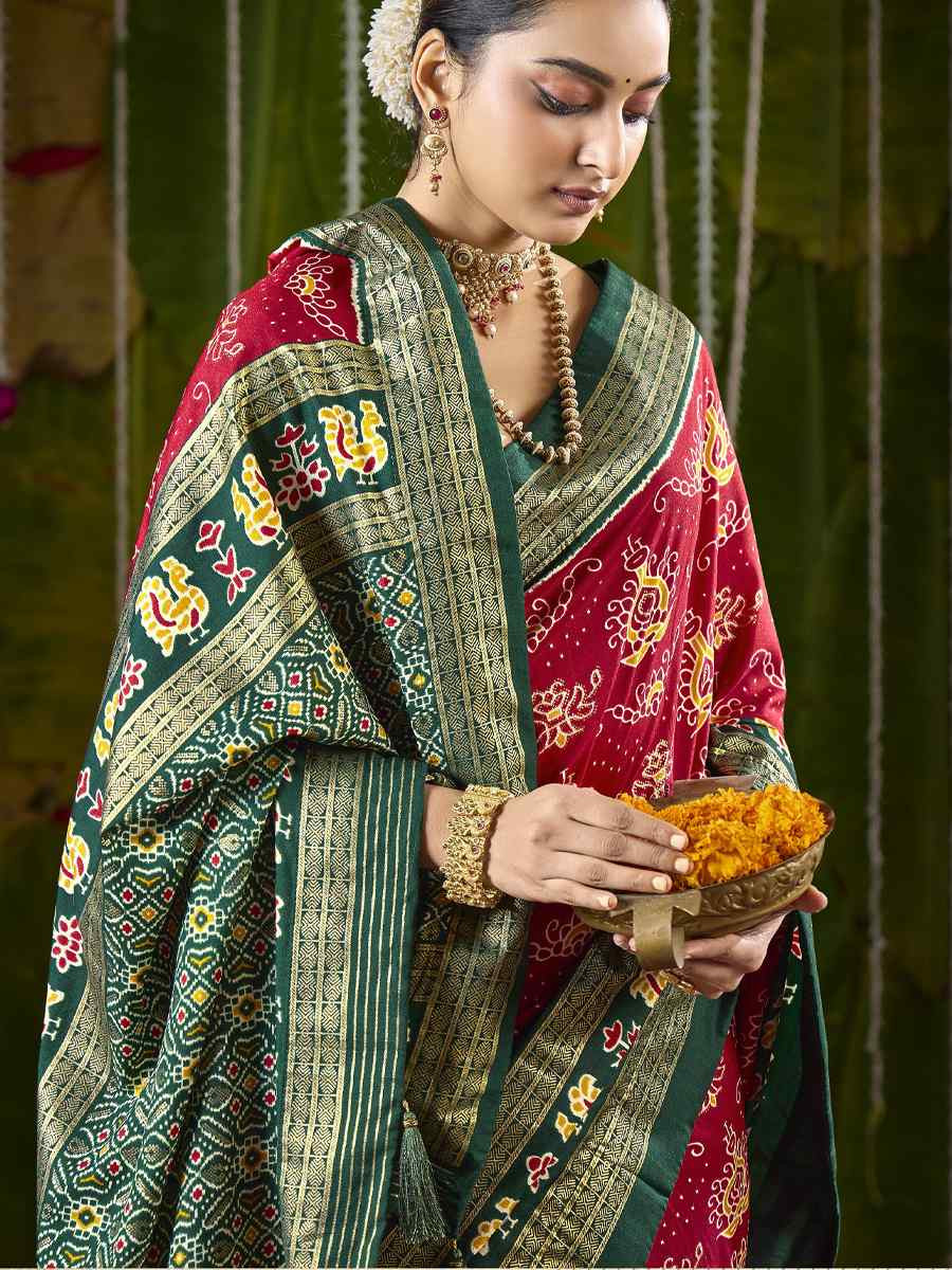 Red Silk Printed Bridal Reception Festival Wedding Fancy Heavy Border Saree