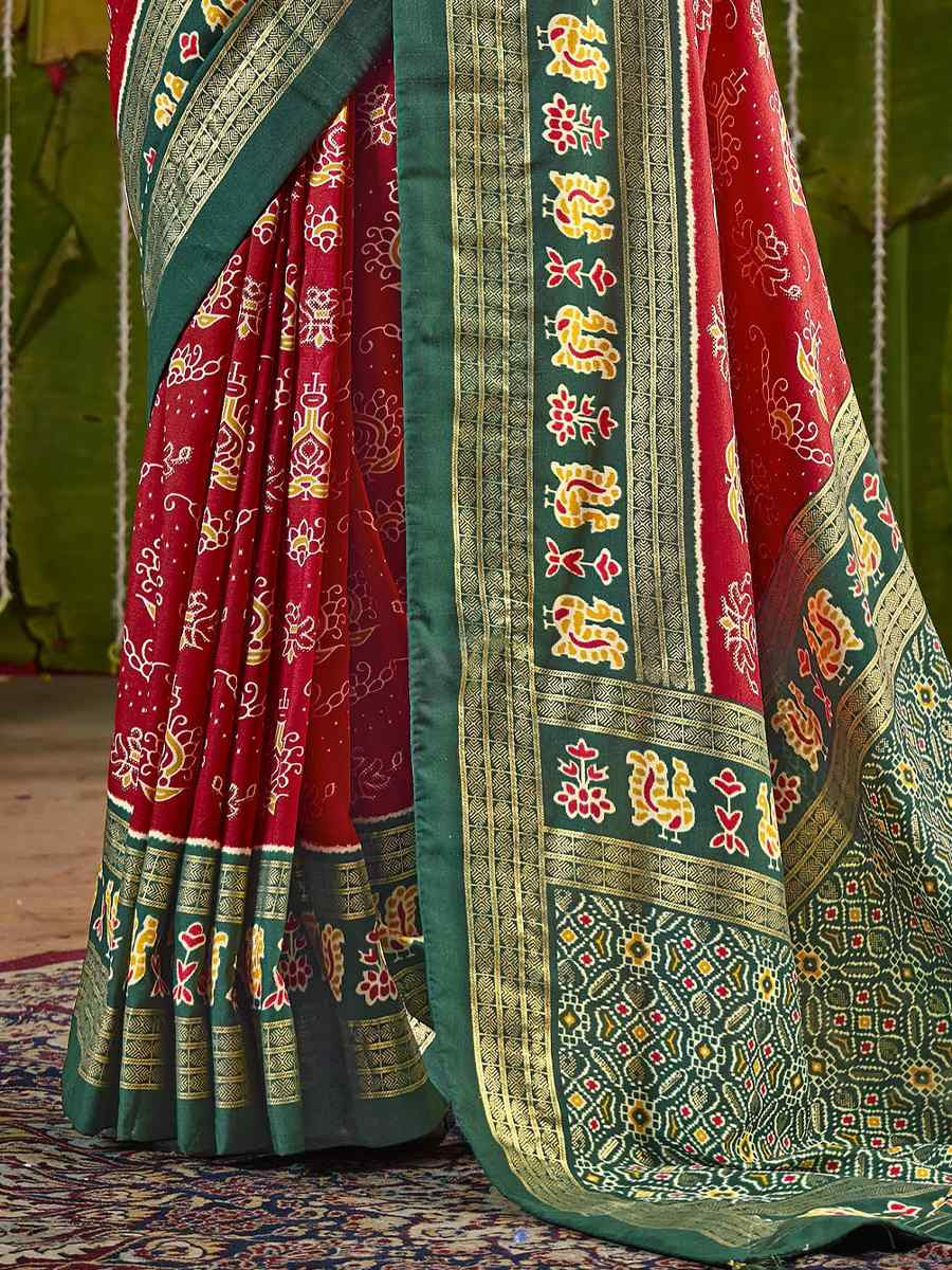 Red Silk Printed Bridal Reception Festival Wedding Fancy Heavy Border Saree