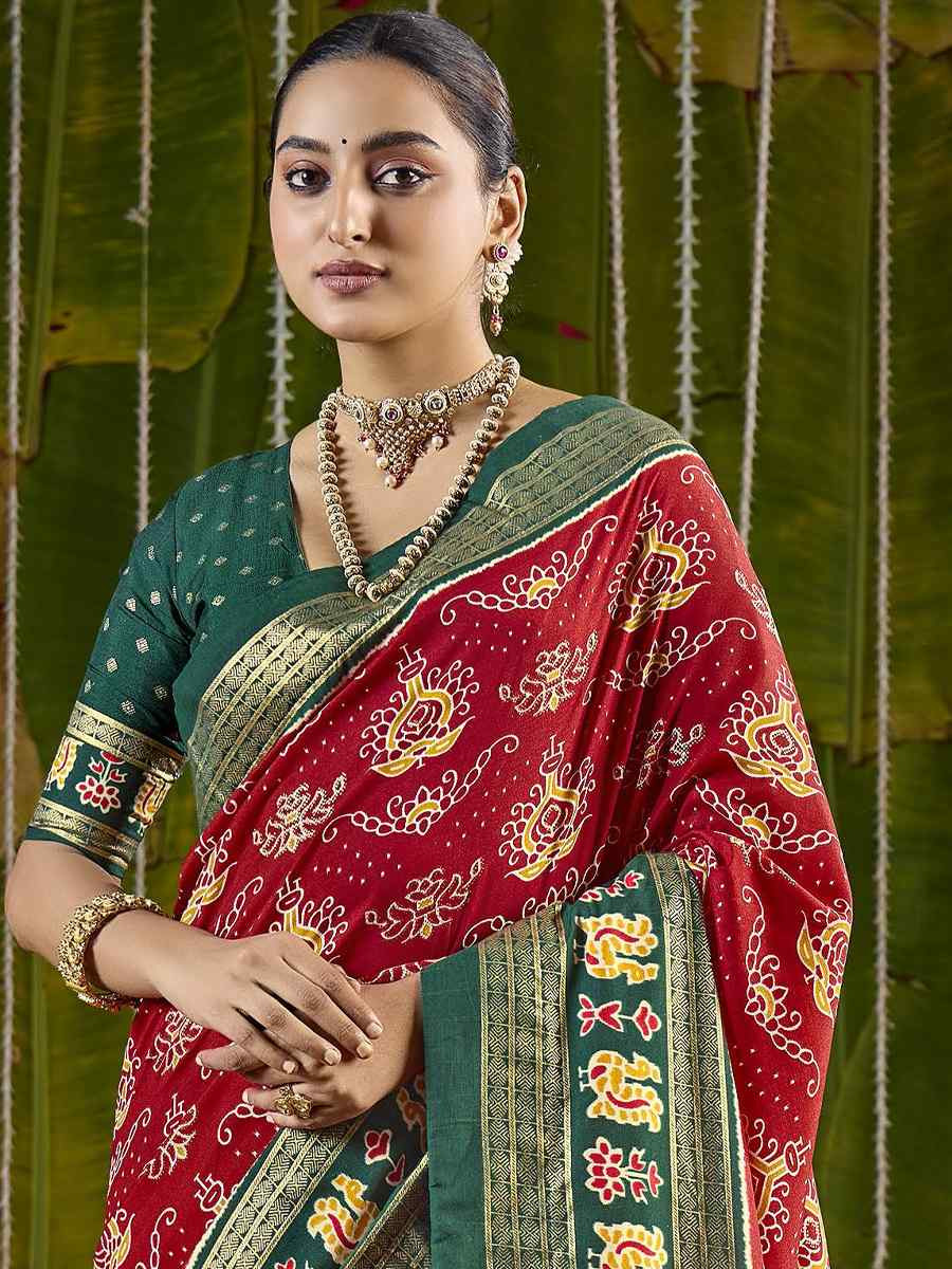 Red Silk Printed Bridal Reception Festival Wedding Fancy Heavy Border Saree