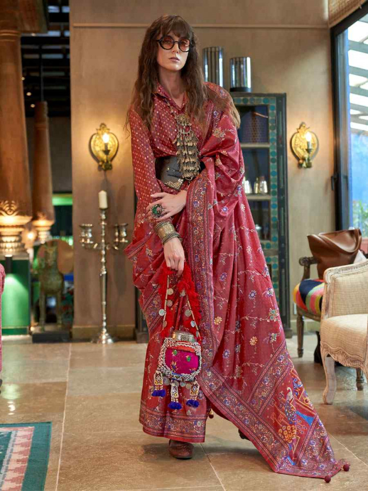 Image of Red Silk Printed Festival Casual Wedding Cocktail Party Fancy Classic Heavy Border Saree