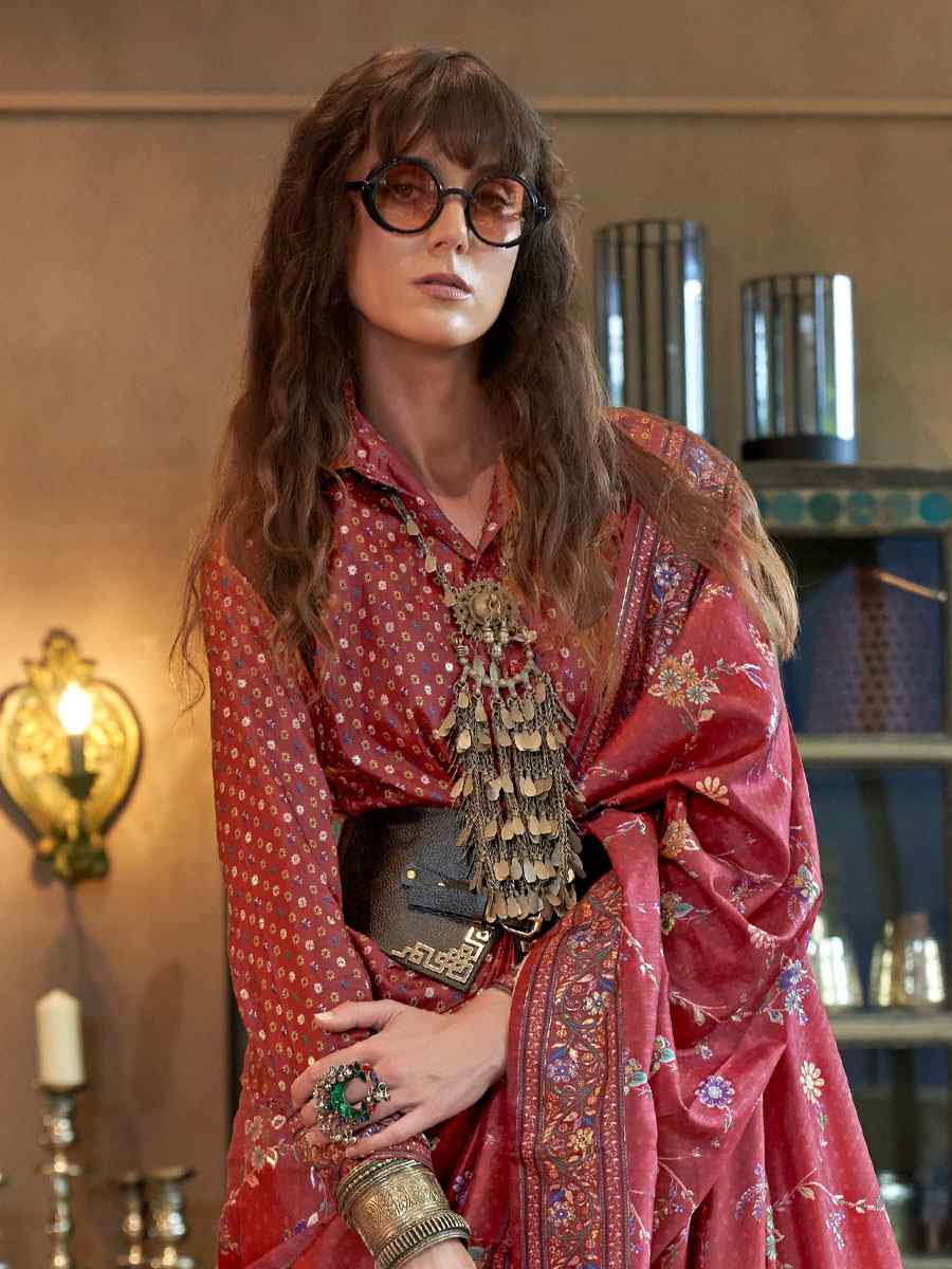 Red Silk Printed Festival Casual Wedding Cocktail Party Fancy Classic Heavy Border Saree