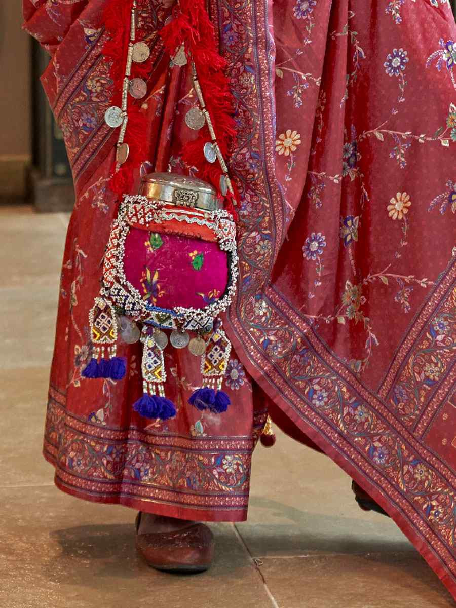 Red Silk Printed Festival Casual Wedding Cocktail Party Fancy Classic Heavy Border Saree