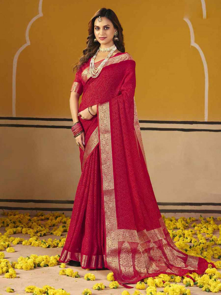 Image of Red Silk Printed Handwoven Casual Reception Festival Wedding Fancy Classic Style Sarees