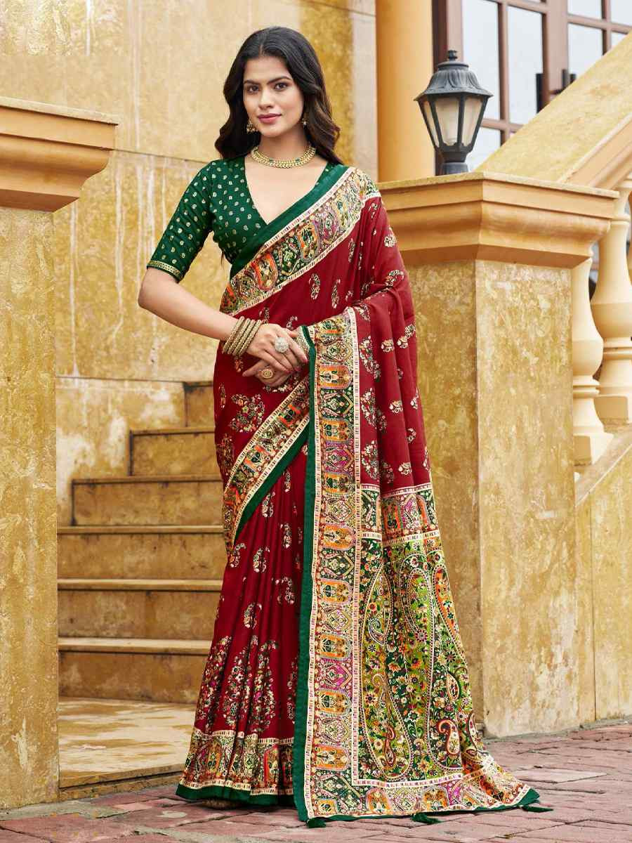 Red Silk Printed Handwoven Traditional Bridal Reception Festival Wedding Fancy Classic Style Sarees