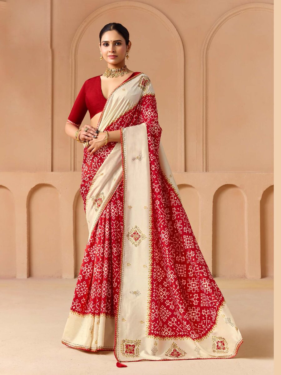 Red Silk Printed Stone Work Wedding Reception Party Festival Casual Heavy Border Sarees