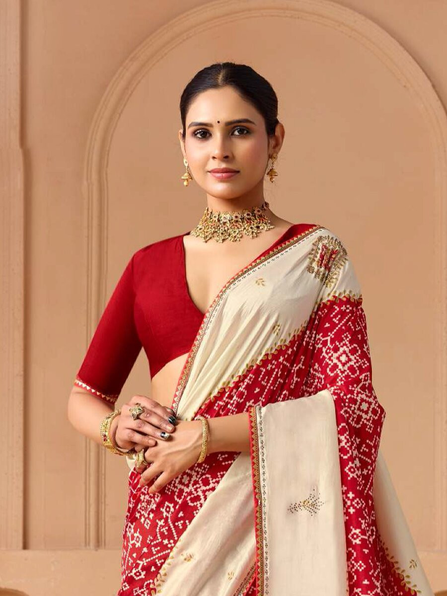 Red Silk Printed Stone Work Wedding Reception Party Festival Casual Heavy Border Sarees